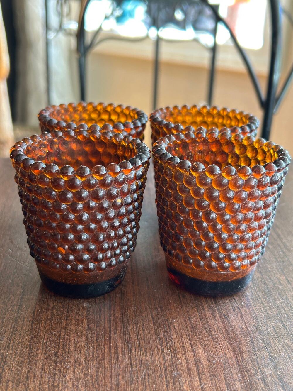 4 Vtg Hobnail Glass Votive Candle Holder Amber Toothpick Holder 2.5" Tall